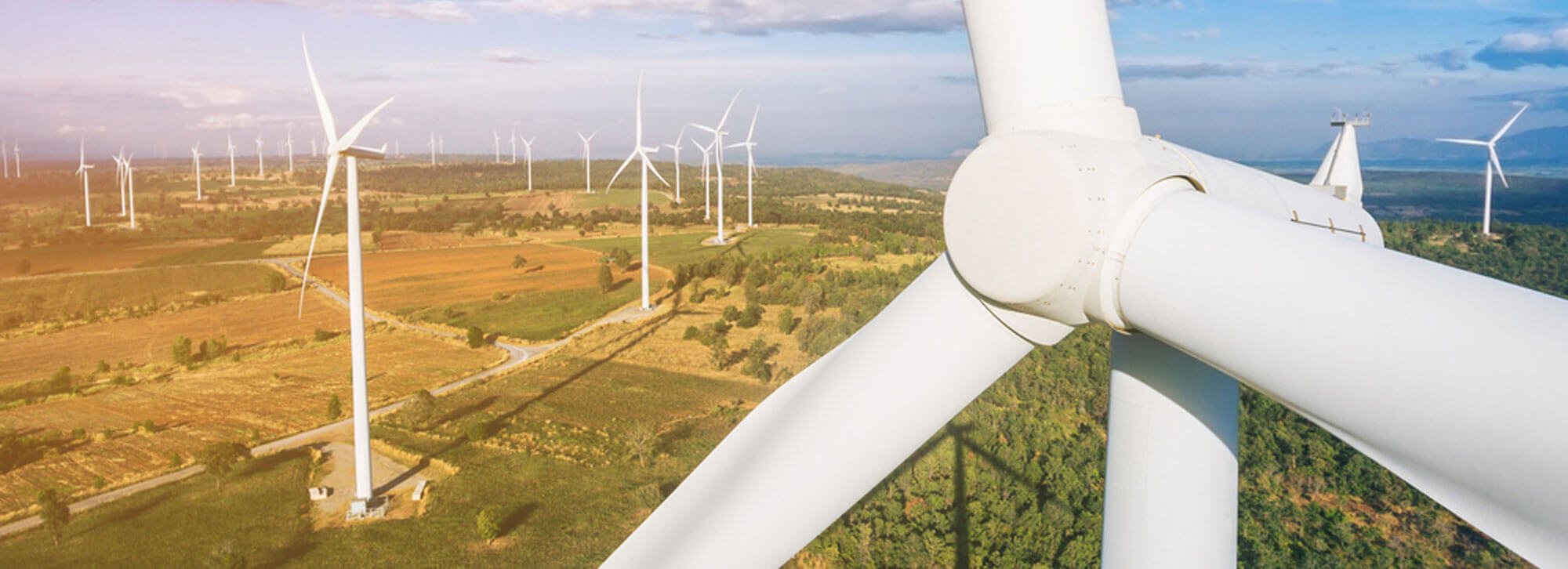 Aerial photo of a wind turbine farm